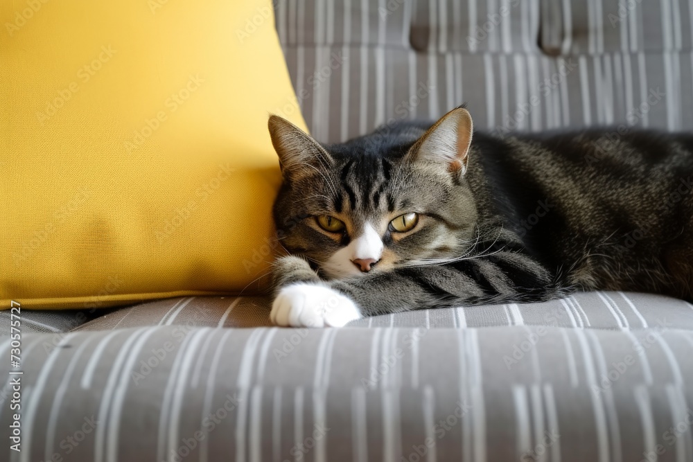 unhappy cat lay on sofa. Generative AI