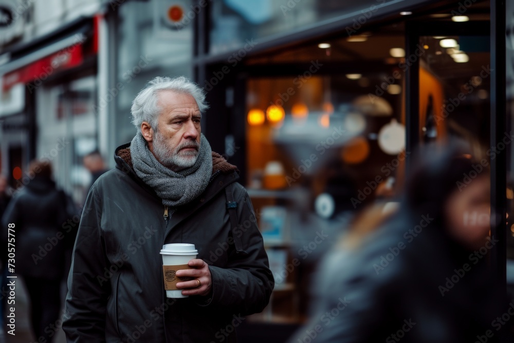man with coffee, Mature man walking in the city with coffee cup, vintage style man with coffee, Mature man walking in the city with coffee cup, vintage style