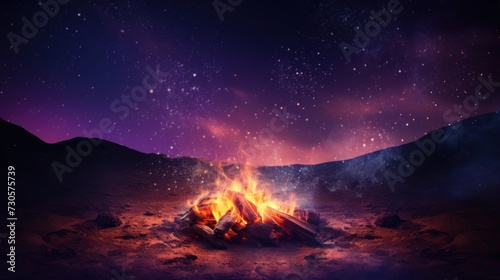 Campfire Under Starry Sky in Misty Forest