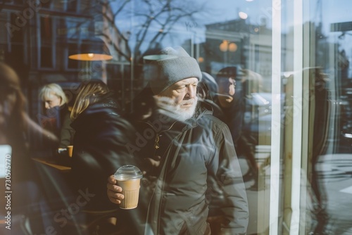 man with coffee, Mature man walking in the city with coffee cup, vintage style
