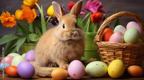 Bunny with Easter Eggs and Spring Flowers