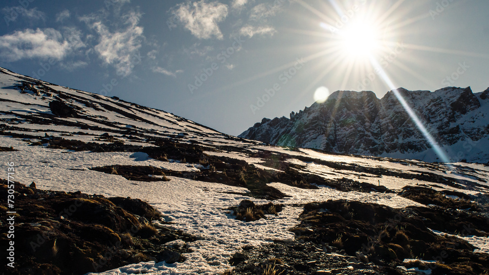 Snow-capped mountain peak in the Andes mountain range. Ushuaia