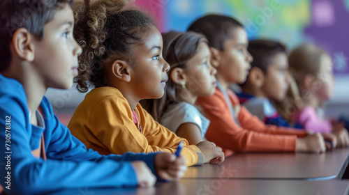 Diverse group of multicultural children in the classroom, listening attentively. Kids wearing colorful clothes, sitting at the desk. Lesson at primary school. Attentive young students. photo