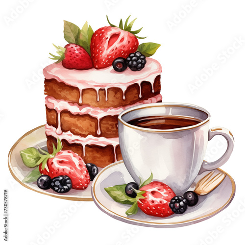 water color of coffee and strawberry cake on white background