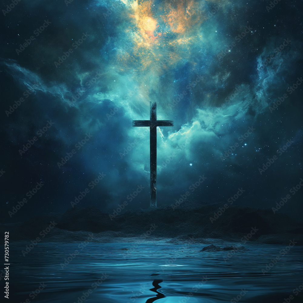 The cross is on a small island. There is sea water and clouds in the sky at night. , ai generated.