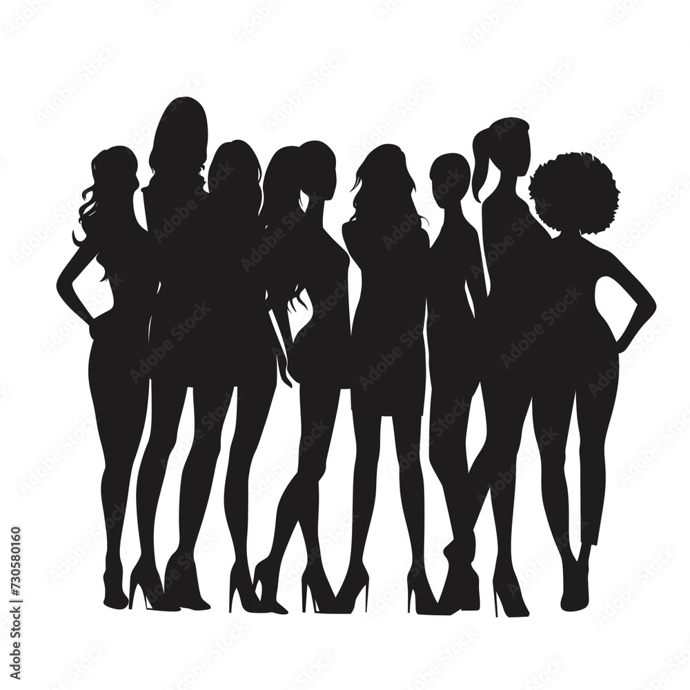 Clipart illustration of silhouettes of diverse women standing together, varied in height and body shapes, on a white background, symbolizing unity and diversity in femininity Clipart illustration of silhouettes of diverse women standing together, varied in height and body shapes, on a white background, symbolizing unity and diversity in femininity