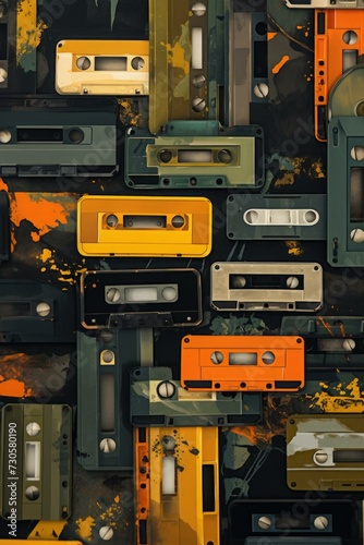 A collection of old cassette tapes. Generative AI.