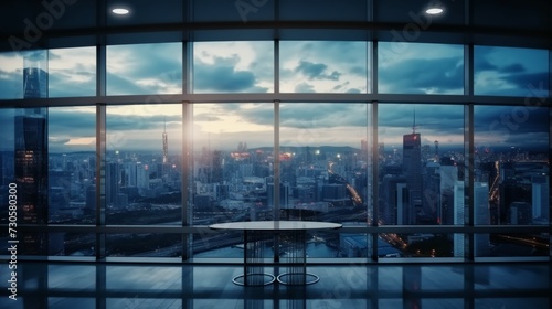 Modern office interior with panoramic window and city view.