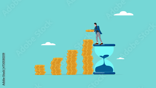 long term investment concept, Growth Earning From Compound Interest In Long Term Investing, businessman makes financial growth graph by stacking gold coins on top of hourglass vector illustration