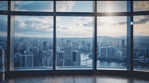 Obraz na płótnie Empty balcony with panoramic cityscape and sunlight.