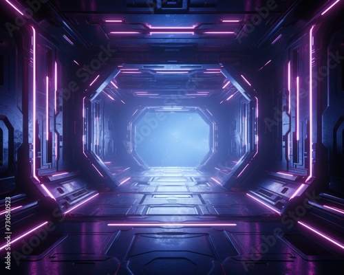 Futuristic tunnel with neon lights and a glowing light. Generative AI.