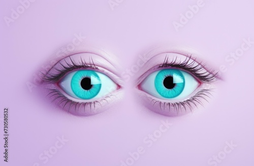 A close up of two blue eyes on a purple background. Generative AI.