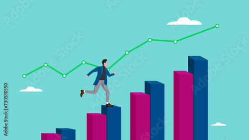 profit performance, business growth followed by a lot of income for career success and financial freedom, journey to career success or business growth, businessman running up on growth graph