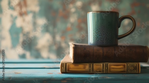 Coffee Mug Sitting Atop Stack Of Books (Generative AI)