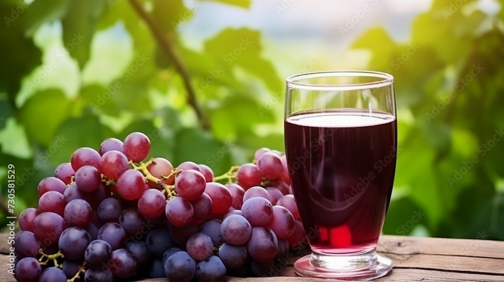 Grape juice in glass and fresh grapes on table in vineyard