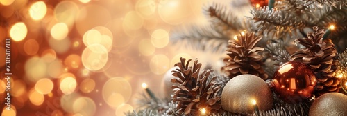 Festive Christmas tree adorned with  baubles and lights amidst a magical snowfall and bokeh background.