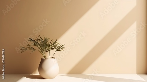 Plant in a vase on a beige background with a shadow from the window.