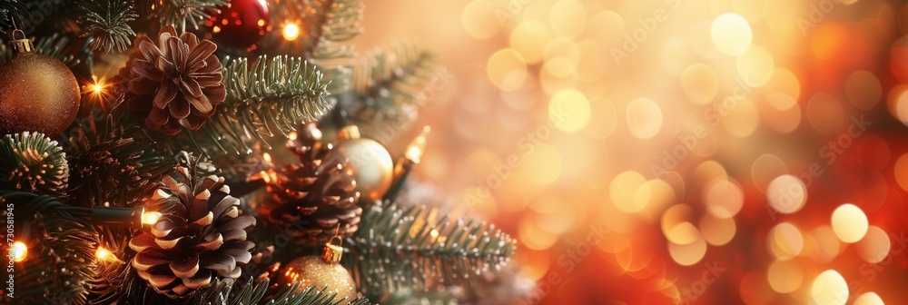 Festive Christmas tree adorned with baubles and lights amidst a magical snowfall and bokeh background. Festive Christmas tree adorned with baubles and lights amidst a magical snowfall and bokeh background.