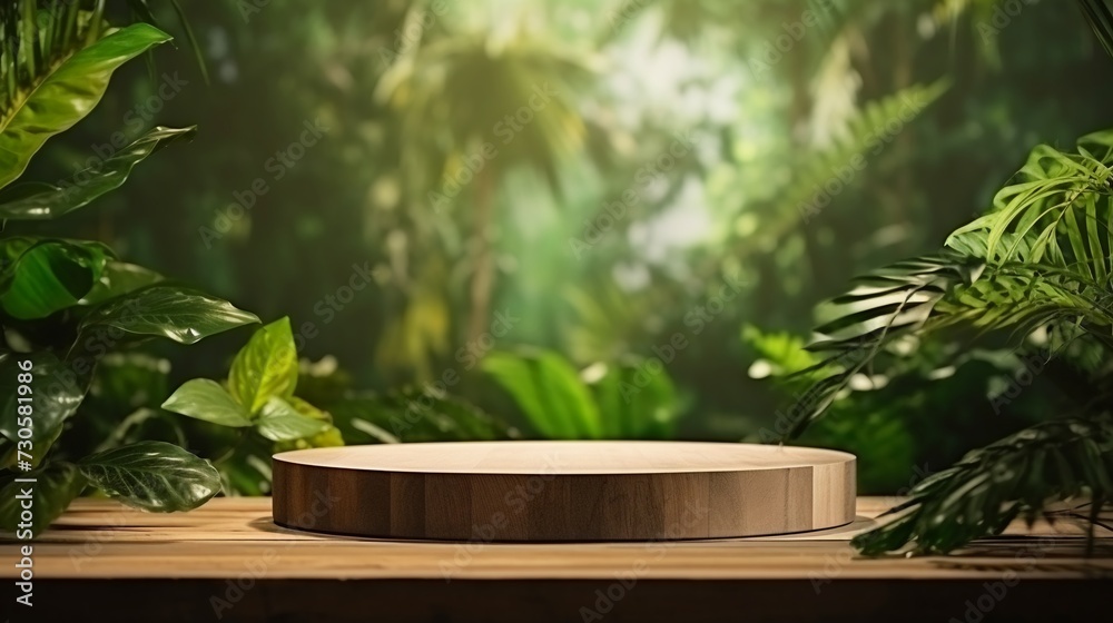 Wooden product display stand with green nature background. Wooden product display stand with green nature background.