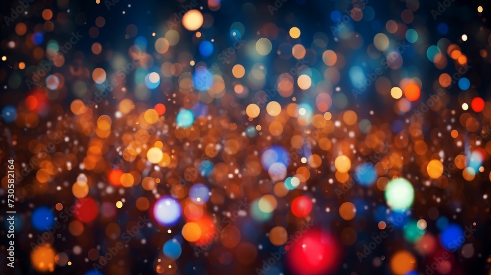 Image of red, orange, and blue glitter lights that create a sparkling bokeh effect.
