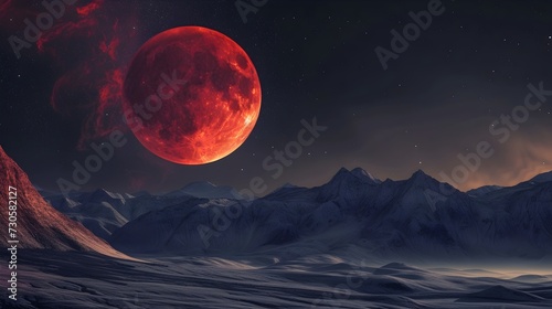 Red Blood Moon At Night Time With Mountain Range View (Generative AI)