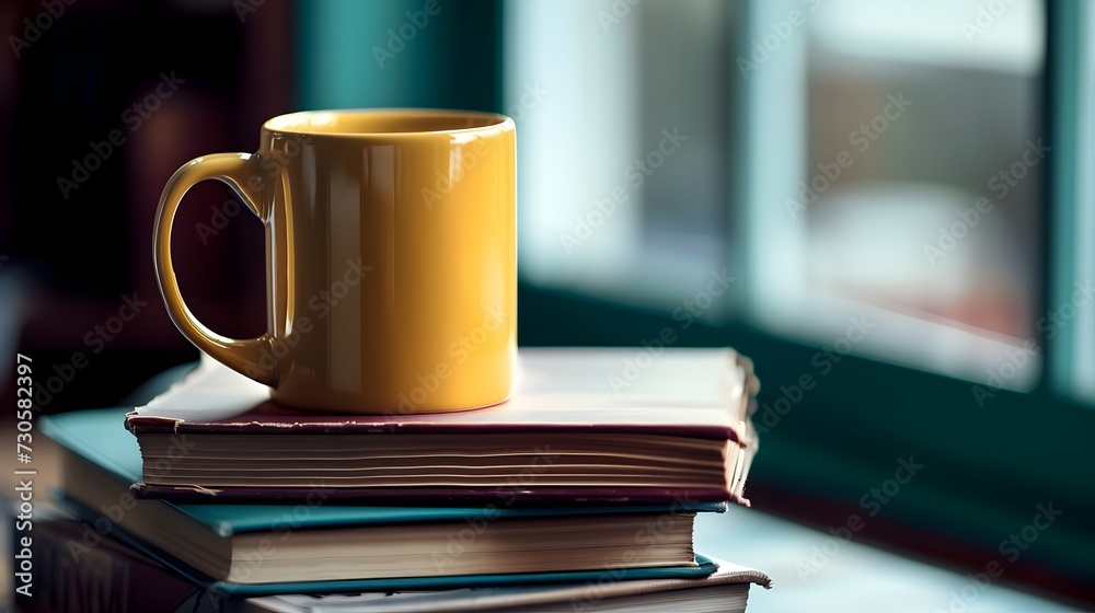 Naklejka premium Coffee Mug Sitting Atop Stack Of Books (Generative AI)