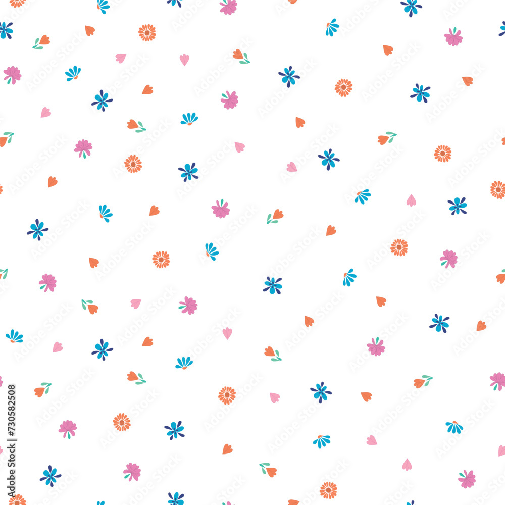 This Ditsy Design on a White Background is Scattered with Daisy, Tulip, and Peony Flowers Made with Teardrop Shapes in Pinks, Oranges, and Blues Creating a Vector Repeat Seamless Pattern Design.