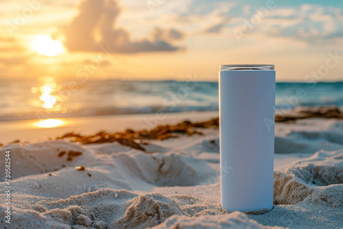 Close-up of a white color 20oz Straight Skinny Tumbler includes a lid on a sand with a blurred or bokeh background of a Sunset at Beach. Tumbler Mockup photo