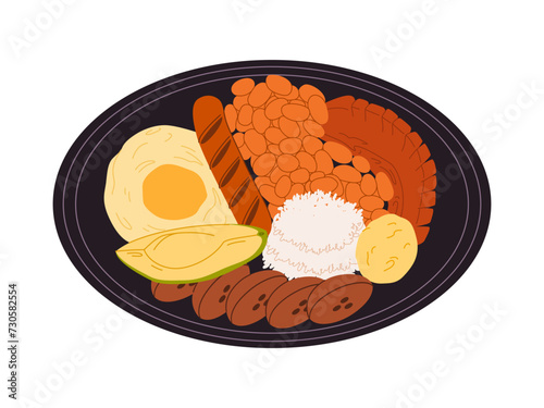 bandeja paisa traditional food colombia made from meat fried egg sausage beans avocado and plantain eaten with rice delicious cuisine
