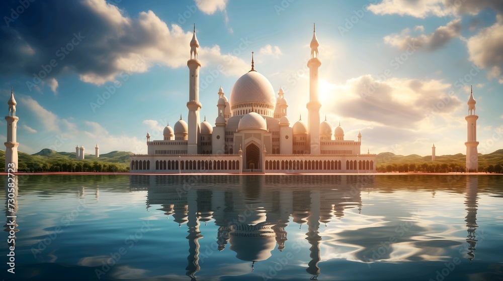 Obraz premium Beautiful mosque landscape wide background. Ramadan eid Mubarak celebrations day