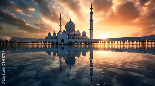 Beautiful mosque landscape wide background. Ramadan eid Mubarak celebrations day © Rijaliansyah