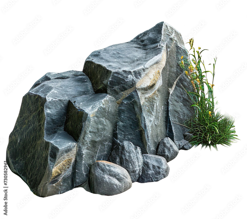 larger rocks have flat surfaces, some of which are adorned with the flowering plants, isolated on a white background