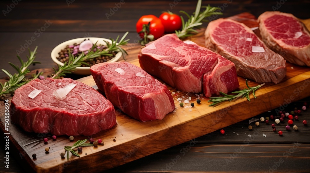 Image of variety of raw meat steaks on a wooden board.