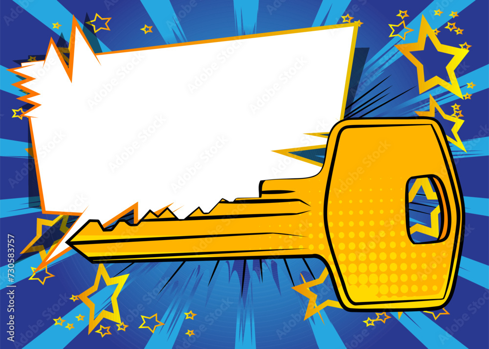 Cartoon Key with blank speech bubble, comic book safety background ...