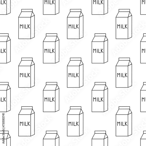 Seamless Pattern with Milk Box. Carton packaging. Dairy product background. Hand drawn doodle, sketch monochrome style. Vector flat illustration.