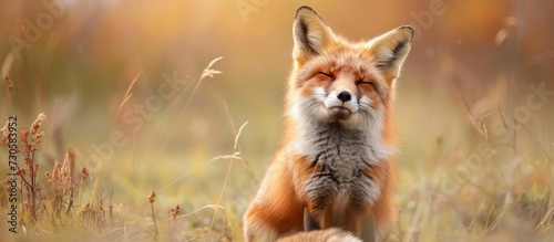 Cute red fox happily playing in a field photo