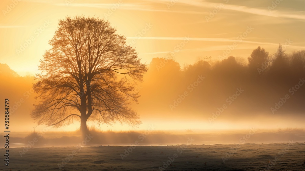 Landscape of a forest enveloped in a fog, in warm light. Landscape of a forest enveloped in a fog, in warm light.