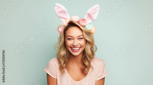 Image of young woman wearing an Easter rabbit headband with ears.