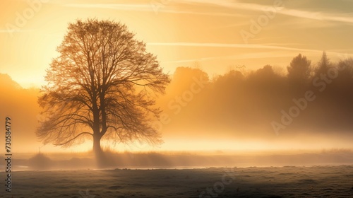 Landscape of a forest enveloped in a fog, in warm light.