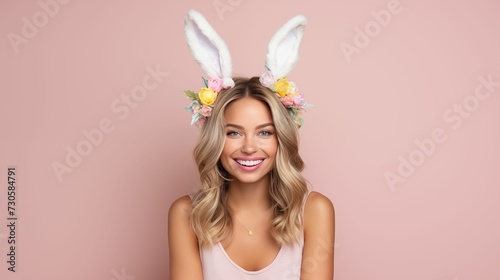 Image of young woman wearing an Easter rabbit headband with ears.
