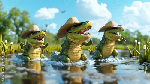 A group of giggling gators in cowboy hats attempting to line dance in the swamp but constantly slipping on the slimy ground at the talent show.