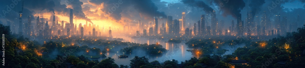 a cybernetic forest blending with an oriental cityscape, digital airbrushing