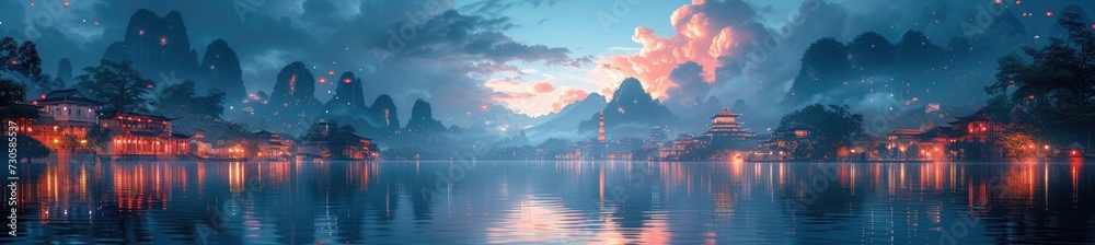 a cyberpunk city reflecting on a tranquil lake, integrating oriental design, digital airbrushing