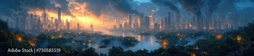 a cybernetic forest blending with an oriental cityscape  digital airbrushing