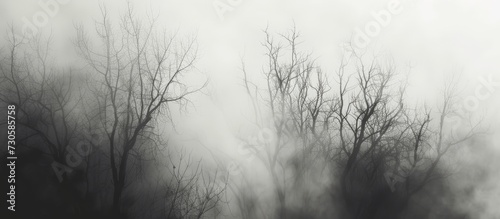 Silent and gray nature with blurred monochrome silhouettes of trees in dense fog.