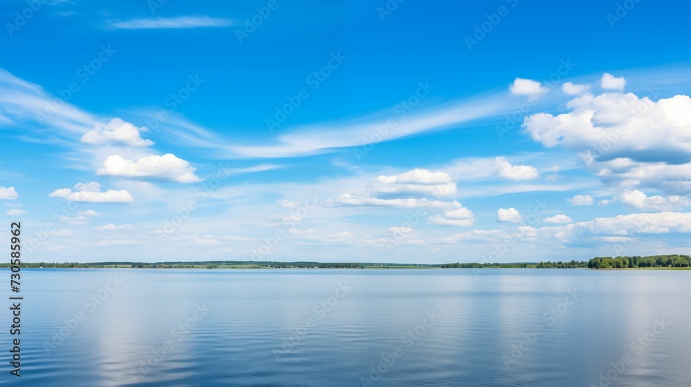 Panoramic view capturing the vast expanse of a large freshwater lake.