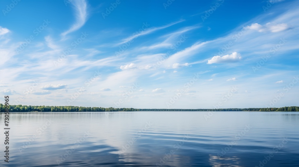 Panoramic view capturing the vast expanse of a large freshwater lake.