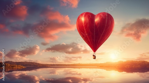 Red heart-shaped hot air balloon in the sky.