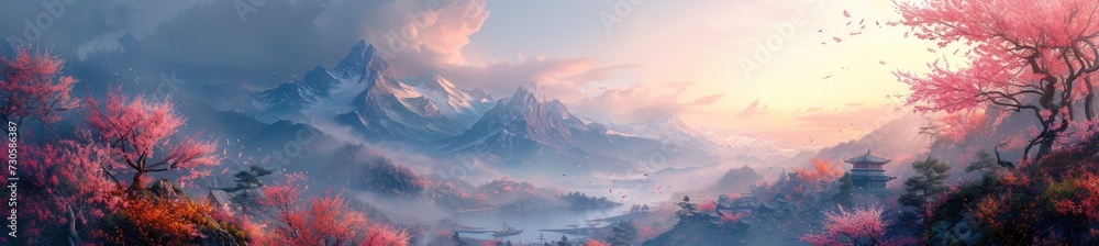 a mountain city draped in cherry blossoms, echoing oriental aesthetics, digital airbrushing a mountain city draped in cherry blossoms, echoing oriental aesthetics, digital airbrushing