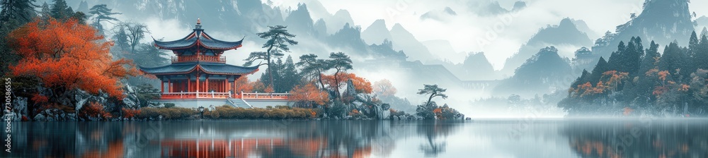 a tranquil pagoda on a mist-covered lake, capturing the essence of Asian serenity